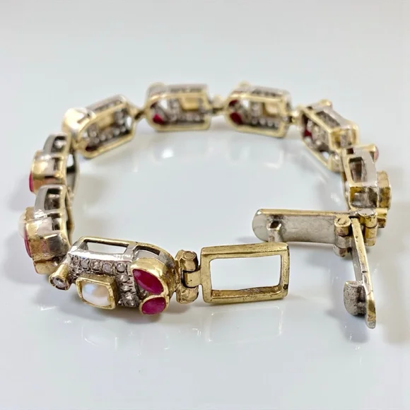 Vintage Mughal Revival Bracelet, Natural Ruby Pearl Diamond Gold Vermeil, Indian - Picture 8 of 11